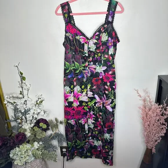 MARCHESA NOTTE Dark Floral Botanical Poplin Midi Dress Whimsy Goth Sz 12 {3Q36}